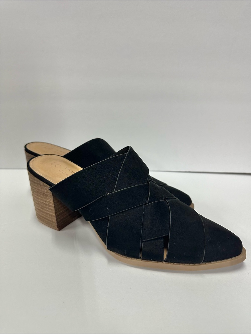 LC Lauren Conrad Black Woven Pointed Mule Slides Block Heel Size 9